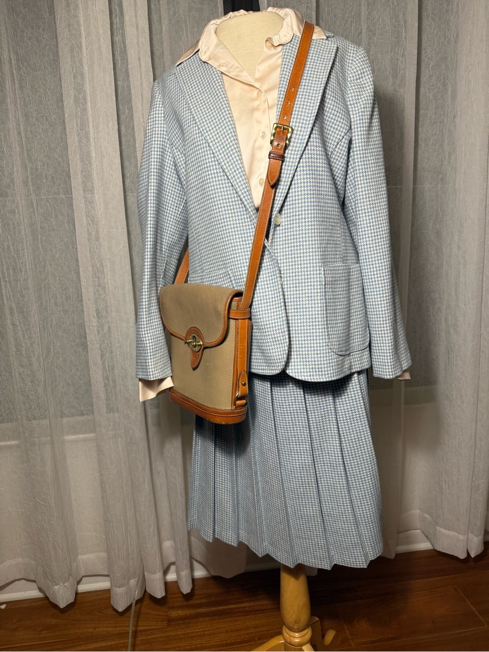 Russ Light Blue Houndstooth Blazer and Pleated Skirt Set with Tan Crossbody